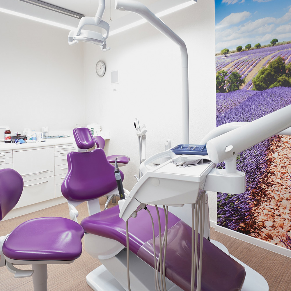 Parodontitis-Behandlung: Symbolbild: Fliederfarbende Akzente in diesem Behandlungsraum in der Zahnarztpraxis Jochen Holz in Wetzlar. Sitzfläche und Lehnen der Stühle sowie die Blumen auf dem Wandbild sind flieder.